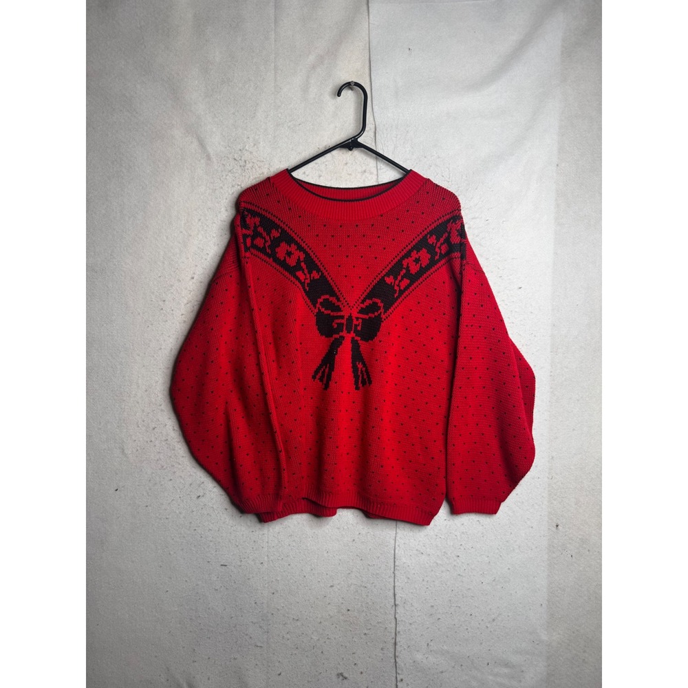 Vintage Classic Essentials Red Black Bow Floral Knit Sweater Made in USA Mens L